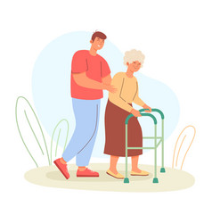 Man Helping Old Lady To Walk With Walker Care