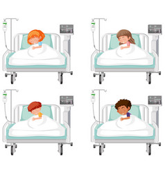 Set Of Sick Children In Hospital Beds