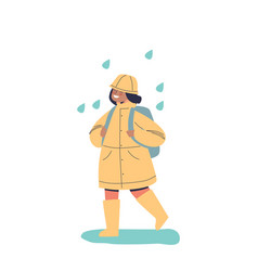 Happy Child In Raincoat Walk To School