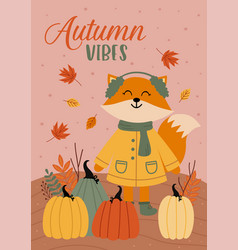 Autumn Poster With Cute Fox And Pumpkins