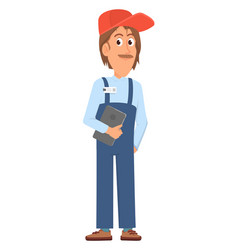 Man In Uniform With Tablet Handyman Character