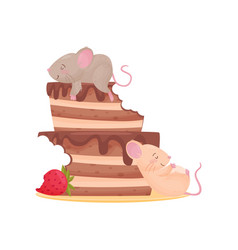 Two Cute Mouse Overeat Chocolate Cake