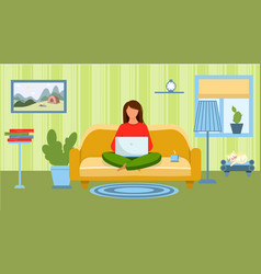 A Girl With Laptop Sits On Couch