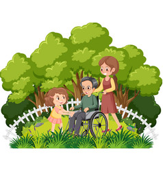 Old Man In Wheelchair With His Daughters