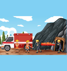 Cave Scene With Firerman Rescue In Cartoon Style