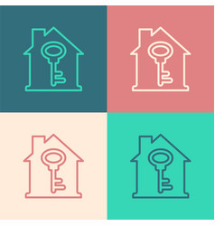 Pop Art Line House With Key Icon Isolated On Color