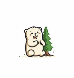 Cute Cartoon Polar Bear Sitting Near Pine Tree