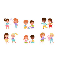 Friendly kids playing together with toy blocks Vector Image