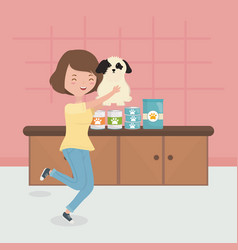 Woman Holding Dog With Food In Room Pet Care