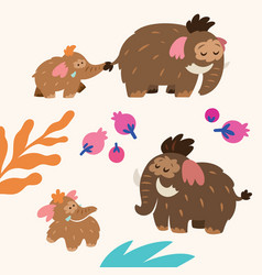 Baby Mammoth With His Mom Among Leaves And Berries