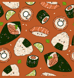 Seamless Pattern With Salmon Sushi And Onigiri