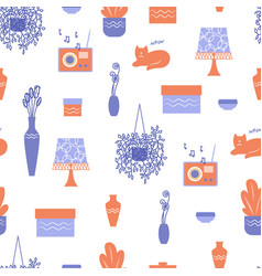 Seamless Cozy Pattern With Cat Radio Flowers