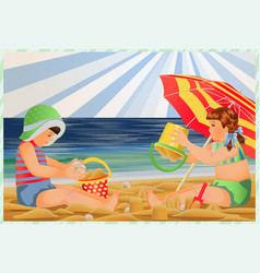 Summer Card Little Boy Girl Building Sandcastles