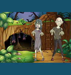 Dark Forest Scene With Creepy Zombies Cartoon