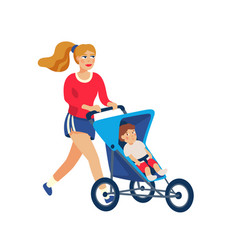 Young Stylish Mother Running With Baby In Stroller