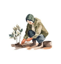 One Woman Sitting Planting Growth In Nature