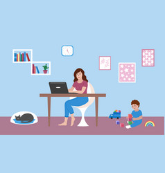 Mother Works At Home Remotely With Laptop Baby