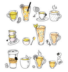 Hot Tea Drink Assortment In Row Doodle Sketch