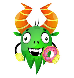 Happy Monster Holding A Donut On White Background