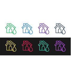 Set Line House Flood Icon Isolated On Black And