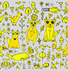 Seamless Pattern With Dog Cat Fox Fish Birds Sea