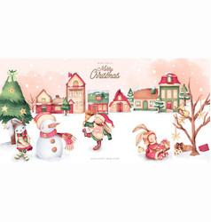 Cute Christmas Scene With Winter Town Characters