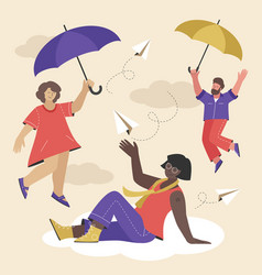 Happy People Flying On Clouds With Umbrellas