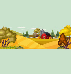 Farm Landscape With Field And Red Barn In Autumn