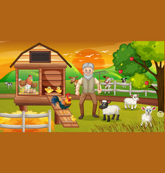 Farm At Sunset Time Scene With Old Farmer Man