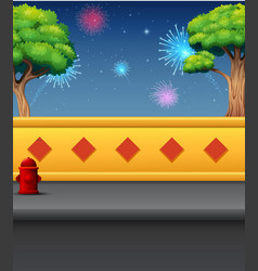 Cartoon Of Outdoor View With Fireworks At Night Ba