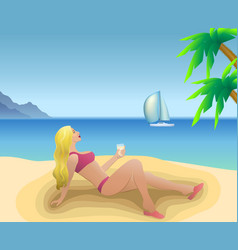 Woman In A Swimsuit Sitting On The Sandy Beach