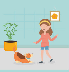 Girl And Dog Playing In House Pet Care