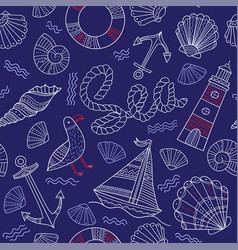 Sea Theme Seamless Pattern In Doodle Boho Style