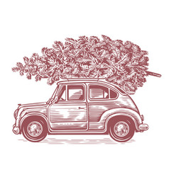 Retro Car With Christmas Tree On Top In Sketch