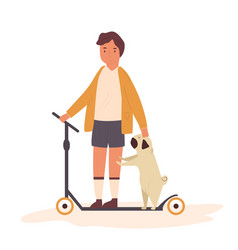 Boy Riding His Kick Scooter With A Pug Dog