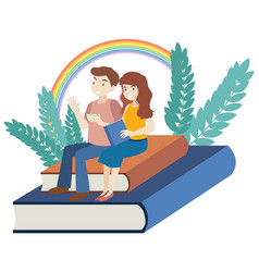 A Couple Sitting On Books In Flat Design