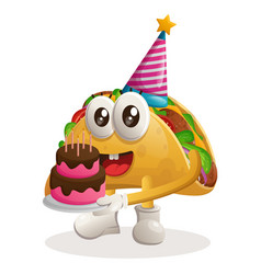 Cute Taco Mascot Wearing A Birthday Hat Holding