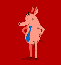 Funny Cartoon Pig Stands Wearing Tie Like