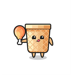 Waffle Cone Cute Mascot Is Eating A Fried Chicken