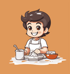 A Cute Boy Baking In The Kitchen Cartoon Style