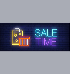 Sale Time Neon Text With Shopping Bag And Gift Box