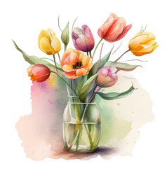 Colorful Watercolor Tulips Bouquet In A Glass Vase