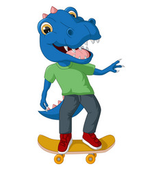 Cute Blue Dinosaur Cartoon Playing Skateboard