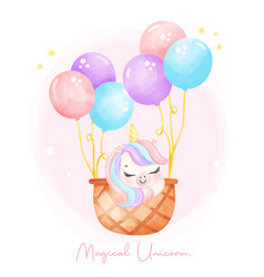 Cute Unicorn With Balloons In Basket Watercolor