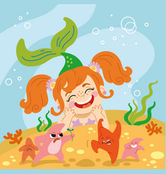 Cute Mermaid And Starfishes Under The Sea