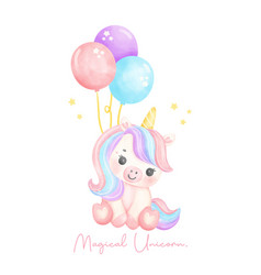 Cute Unicorn With Balloons Watercolor Nursery Art