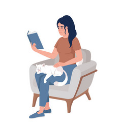 Woman Reading Book With Cat On Lap Semi Flat