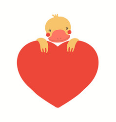 Cute Funny Duck Holding A Big Heart Isolated