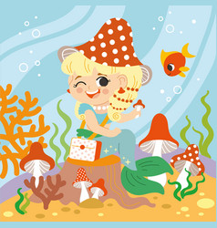 Cute Mermaid With Mushrooms Under The Sea