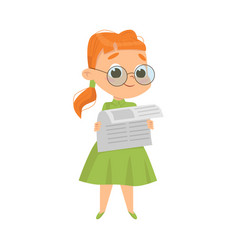 Cute Intelligent Girl Reading Newspaper Education